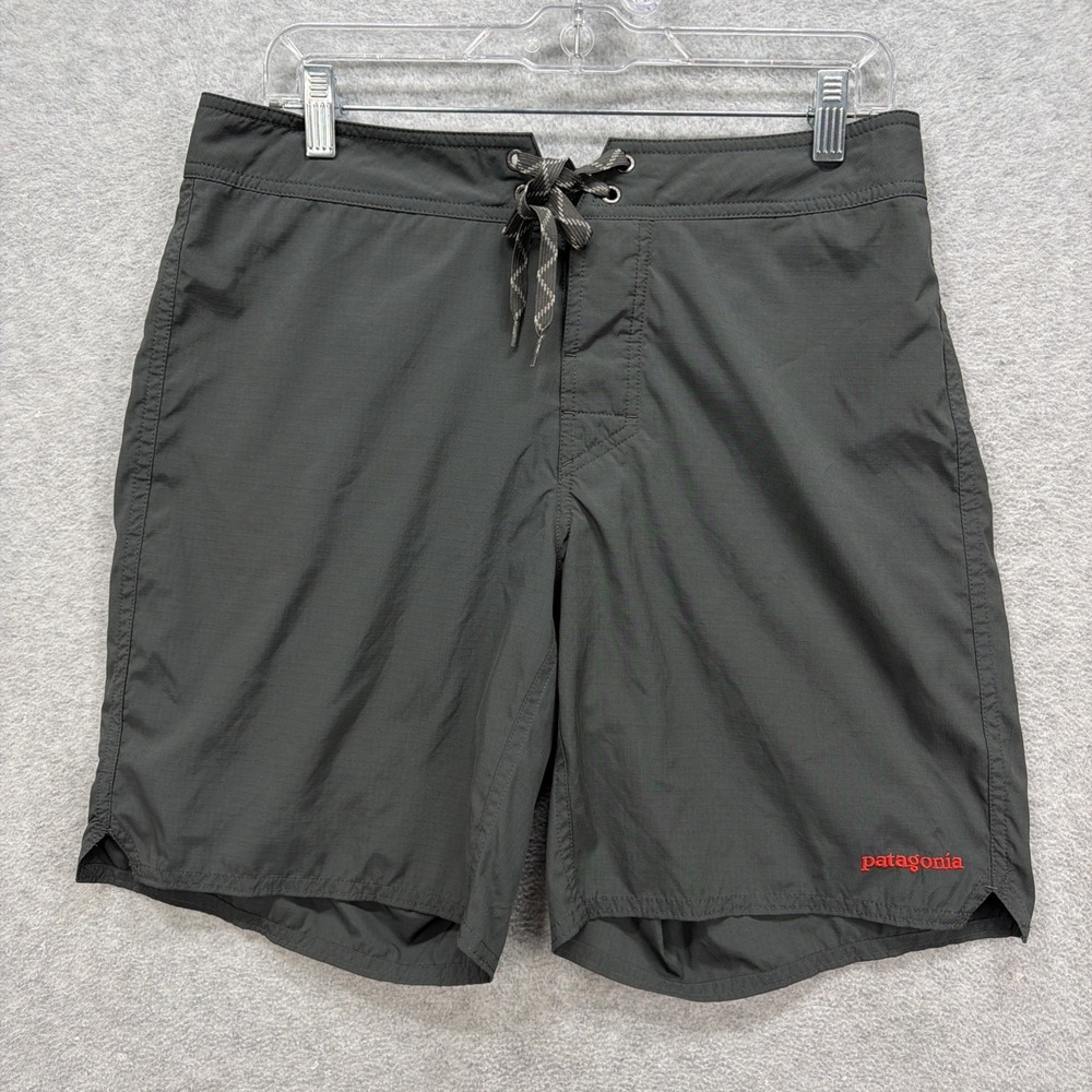 Patagonia Men's Dark Gray Board Shorts with Red Logo